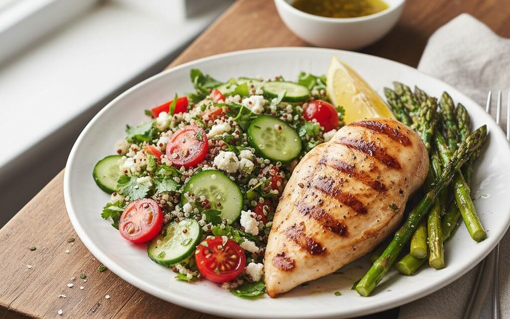 Grilled chicken breast, asparagus spears, and a quinoa salad with tomatoes and cucumbers on a white plate.