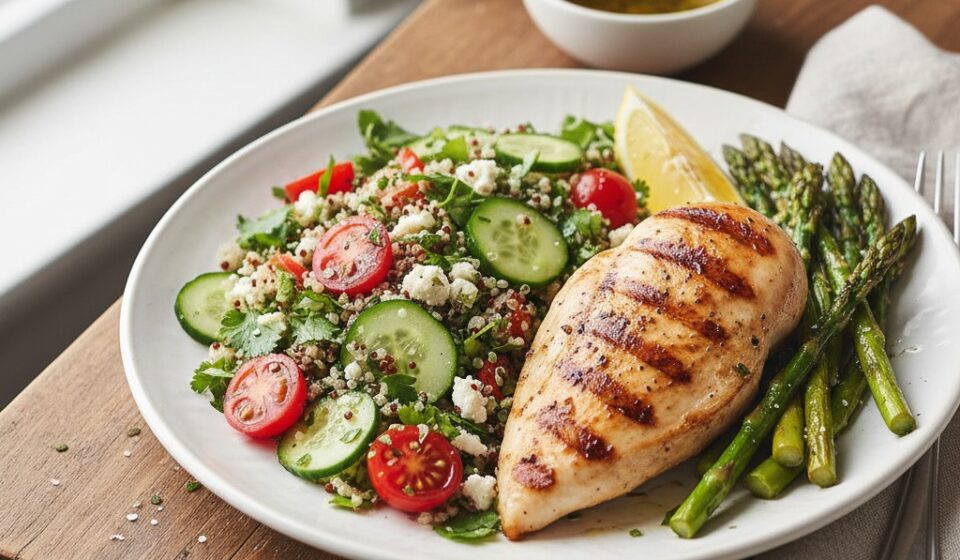 Grilled chicken breast, asparagus spears, and a quinoa salad with tomatoes and cucumbers on a white plate.