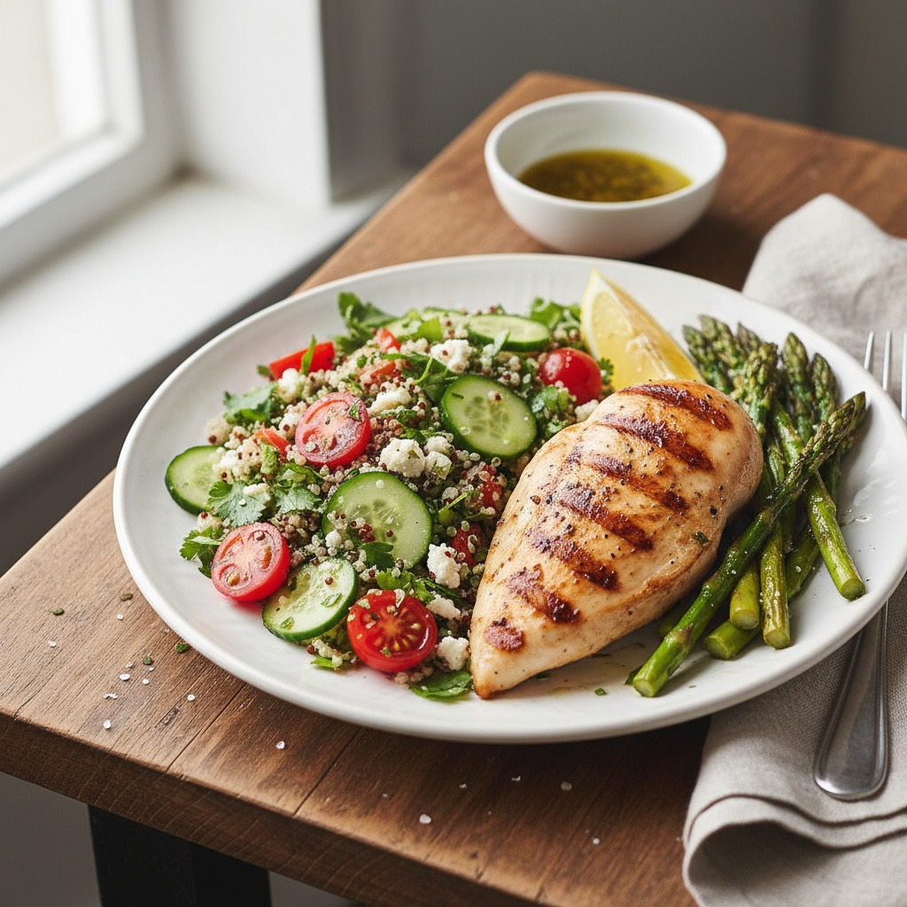 Grilled chicken breast, asparagus spears, and a quinoa salad with tomatoes and cucumbers on a white plate.