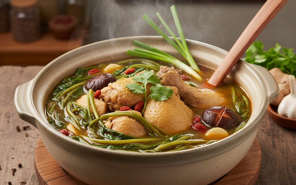 A steaming ceramic pot of chicken soup with herbs, mushrooms, and greens sits on a wooden table.