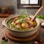A steaming ceramic pot of chicken soup with herbs, mushrooms, and greens sits on a wooden table.