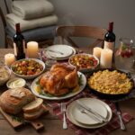 A wooden dining table features a roasted turkey, mac and cheese, roasted vegetables, sliced bread, wine, and lit candles.