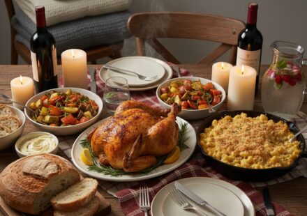 A wooden dining table features a roasted turkey, mac and cheese, roasted vegetables, sliced bread, wine, and lit candles.