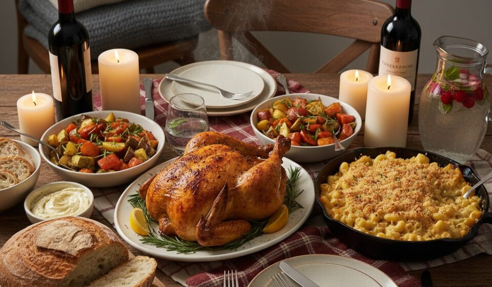 A wooden dining table features a roasted turkey, mac and cheese, roasted vegetables, sliced bread, wine, and lit candles.