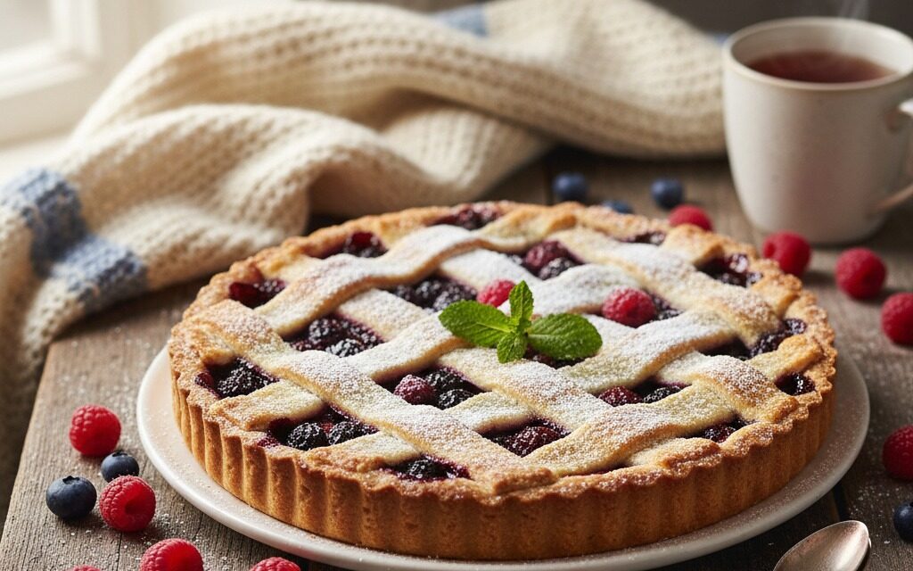 A lattice-topped berry tart dusted with powdered sugar sits on a wooden table next to loose raspberries, blueberries, and a steaming mug of tea.