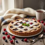 A lattice-topped berry tart dusted with powdered sugar sits on a wooden table next to loose raspberries, blueberries, and a steaming mug of tea.