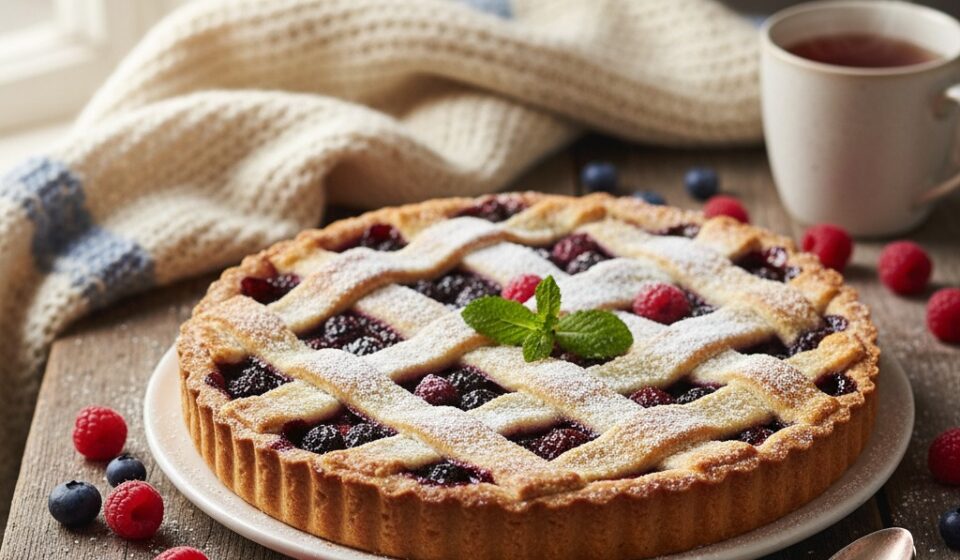 A lattice-topped berry tart dusted with powdered sugar sits on a wooden table next to loose raspberries, blueberries, and a steaming mug of tea.