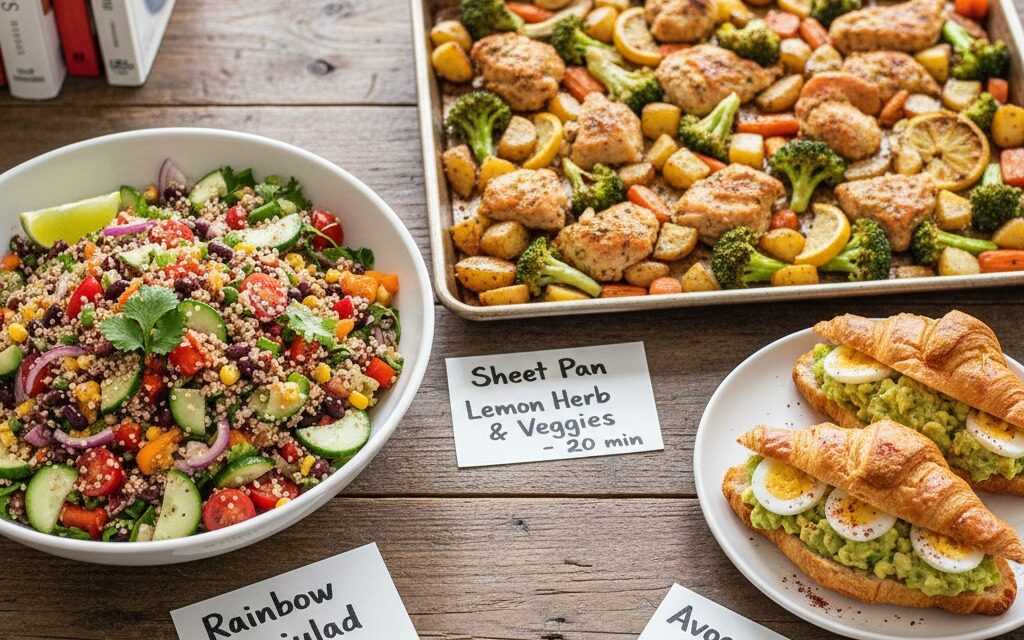 A wooden table displays a bowl of rainbow salad, a baking sheet with lemon herb chicken and veggies, and a plate of avocado egg croissants, each accompanied by a handwritten recipe card.