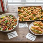 A wooden table displays a bowl of rainbow salad, a baking sheet with lemon herb chicken and veggies, and a plate of avocado egg croissants, each accompanied by a handwritten recipe card.
