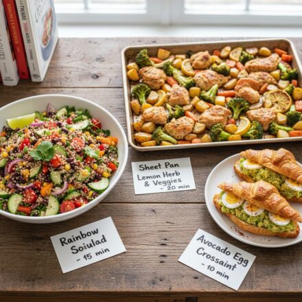 A wooden table displays a bowl of rainbow salad, a baking sheet with lemon herb chicken and veggies, and a plate of avocado egg croissants, each accompanied by a handwritten recipe card.