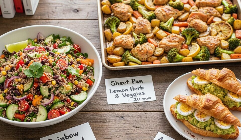 A wooden table displays a bowl of rainbow salad, a baking sheet with lemon herb chicken and veggies, and a plate of avocado egg croissants, each accompanied by a handwritten recipe card.