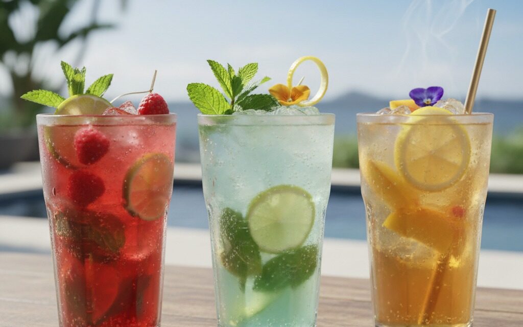 Three colorful cocktails in tall glasses sit on a wooden table beside a swimming pool under a bright sky.