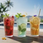 Three colorful cocktails in tall glasses sit on a wooden table beside a swimming pool under a bright sky.