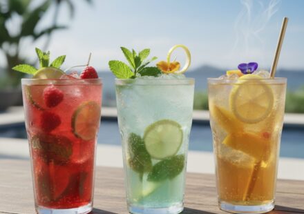 Three colorful cocktails in tall glasses sit on a wooden table beside a swimming pool under a bright sky.