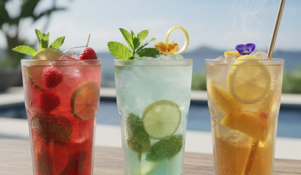 Three colorful cocktails in tall glasses sit on a wooden table beside a swimming pool under a bright sky.