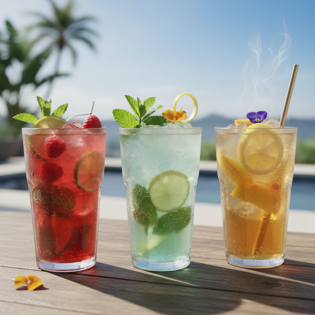 Three colorful cocktails in tall glasses sit on a wooden table beside a swimming pool under a bright sky.